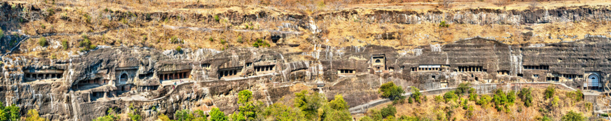 Panorama of the Ajanta Caves. UNESCO world heritage site in Maharashtra, India