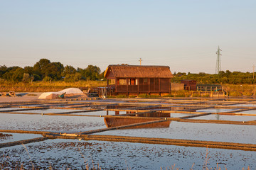 Salt fields at sunset in Cervia, Ravenna Province, Italy