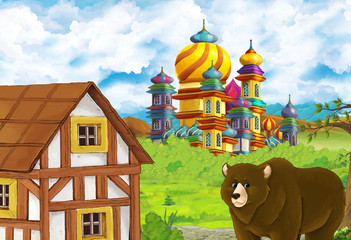 Cartoon nature scene with beautiful castle near the forest with bear illustration for children