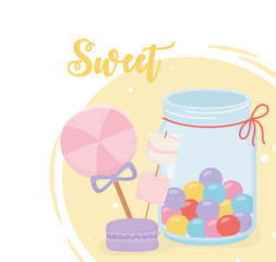 sweet products macaron biscuit marshmallow lollipop and jar glass with caramels