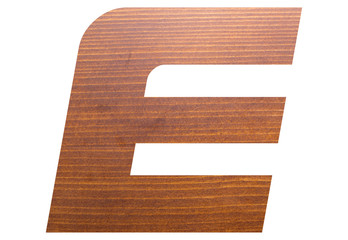 capital letter E alphabet with brown wooden texture on white background.