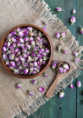 Dry roses petals for Asian tea and spices. Copyspace for element or background.