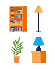 Isolated furniture books lamps and plant vector design