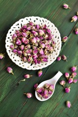 Dry roses petals for Asian tea and spices. Copyspace for element or background.