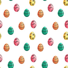 Seamless easter eggs pattern. Watrcolor eggs on white background.Texture for wrapping paper, textile, scrapbooking,.
