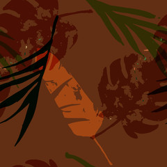 Palm, Banana Leaves Vector Seamless Pattern, Brown Green Khaki Exotic Floral Print. Brushed 