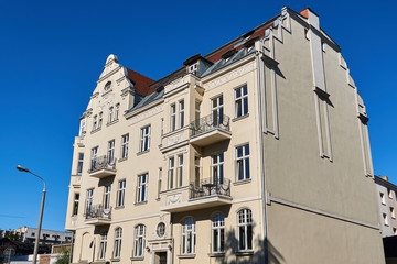 historic Art Nouveau facade of the building  in Poznan..
