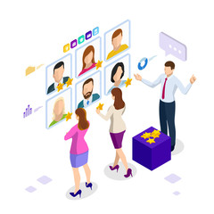 Isometric hiring and recruitment concept for web page, banner, presentation. Job interview, recruitment agency, recruitment process