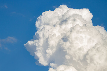 powerful and imposing white cumulonimbus cloud in growing phase with deep blue sky .vertical mushroom cloud