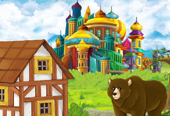 Cartoon nature scene with beautiful castle near the forest with bear illustration for children