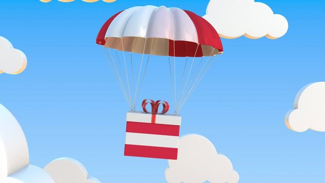 Box with national flag of Austria falls with a parachute. Loopable conceptual 3D animation