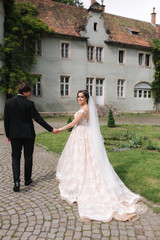 Fototapeta premium Newlyweds are walking in the park near the big castle. Beautiful bride with handsome groom