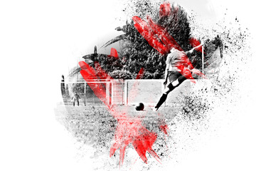 Soccer player kicking ball, abstract silhouette of black and white paint stains with red tones