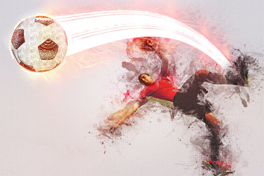 Soccer player kicking ball, Design sale sport promotion, silhouette with red neon color, ball path