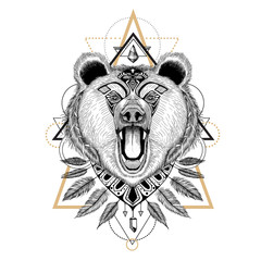 Hand drawn detailed roaring grizzly bear in aztec (ethnic) style