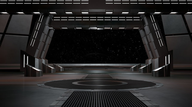 sci fi  corridor with view of space galaxy 3d rendering