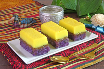 Thai dessert : Sticky rice custard cake, dessert for wedding ceremony of Peranakan (Baba-Nyonya) culture in Phuket Thailand. Auspicious food for sweet and eternal love to wishes to bride and groom.