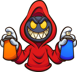 Evil hooded character with graffiti spray cans cartoon. Vector clip art illustration. All in a single layer. © Memoangeles