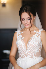 Naklejka premium Close up portrait of gorgeous bride at hotel in morning. Charming woman with great hairstyle and makeup