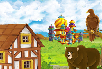 Cartoon nature scene with beautiful castle near the forest with bear illustration for children