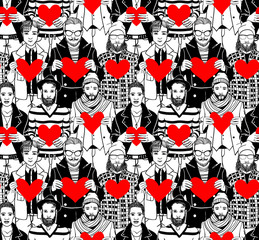 Hipster men, holding hearts in hands. Seamless pattern.