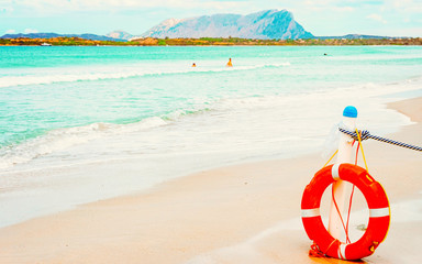 Landscape with La Cinta beach and Mediterranean Sea and Tavolara Island in Sardinia on Italy in summer. Scenery view on Sardinian beach in Sardegna. Olbia province. Mixed media.