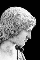 Black and white photo of profile  of classical roman statue