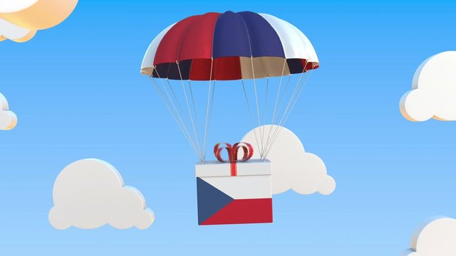 Box with national flag of the Czech Republic falls with a parachute. Loopable conceptual 3D animation