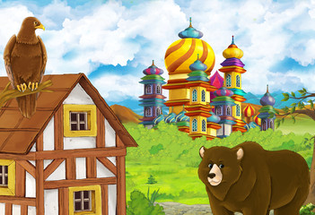 Cartoon nature scene with beautiful castle near the forest with bear illustration for children