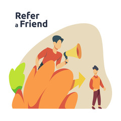 refer a friend illustration concept. affiliate marketing strategy. people character shout megaphone sharing referral business partnership earn money for web landing page, banner, poster, print media