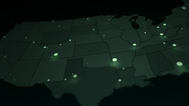 Cinematic United States Map with flickering lights. Night view military scientific map rotates. Animated moving map with close-ups