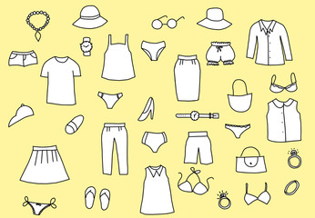 Hand drawing clothing of male and female isolated on yellow background