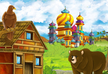 Cartoon nature scene with beautiful castle near the forest with bear illustration for children