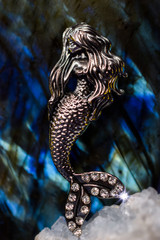 Silver Mermaid Charm with Blue Green Labradorite Crystal