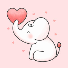 Cute elephant holding heart cartoon hand drawn style
