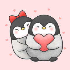 Cute penguin couple cartoon hand drawn style