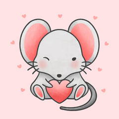 Cute mouse holding heart cartoon hand drawn style