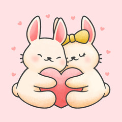 Cute rabbit couple hugging heart cartoon hand drawn style
