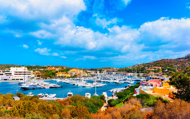 Scenery with Marina and luxury yachts at Mediterranean Sea of Porto Cervo in Sardinia Island of...