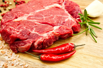 Raw beef steaks on wood board view from above. fresh steak with spices ready for cooking.