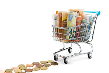 shopping cart full of euro banknotes isolated on white. Concept: loan, investment, pension, saving...