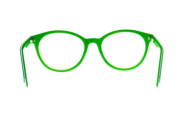 Glasses isolated on white background. Front view green glasses reading transparent in round frame,...