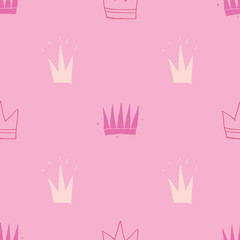 Crown Seamless Pattern, hand drawn royal doodles background, Vector Illustration