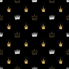 Crown Seamless Pattern, hand drawn royal doodles background, Vector Illustration