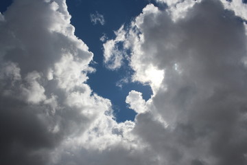 white Cumulus clouds for a dark thunderstorm in a blue sky with a clear view of a picturesque natural phenomenon