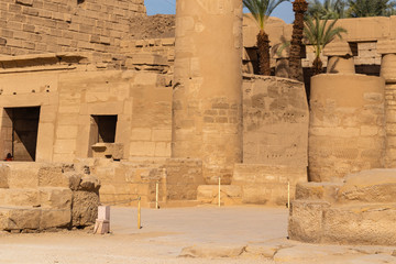 Luxor Governorate, Egypt, Karnak Temple, complex of Amun-Re. Embossed hieroglyphics on columns and...
