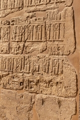 Fototapeta na wymiar Karnak Temple, complex of Amun-Re. Embossed hieroglyphics on walls. Luxor Governorate, Egypt. Ankh is an ancient Egyptian hieroglyphic symbol that means the word 
