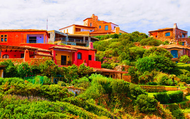 Cottage and scenery in Porto Cervo on Sardinia Island of Italy in summer. Villa and Landscape View...