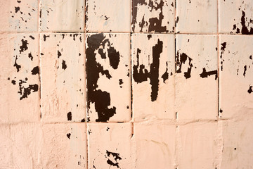 Part of the wall is lined with ceramic tiles, with traces of paint. The wall is subject to aging, wear. Structure, texture.
