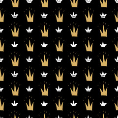 Crown Seamless Pattern, hand drawn royal doodles background, Vector Illustration
